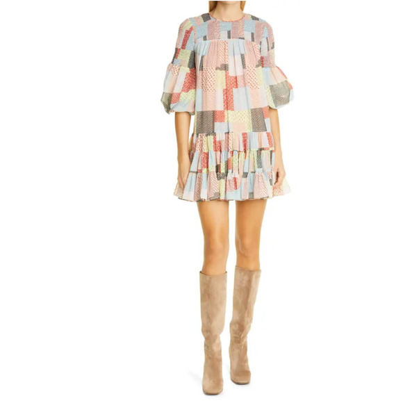 Cinq a Sept Patchwork‎ Billowed Sleeve Rika Dress Tiered Boho Festival Prairie 4 - Picture 1 of 6